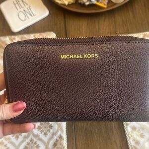 Michael Kors Dark Brownish Leather Zip Wallet